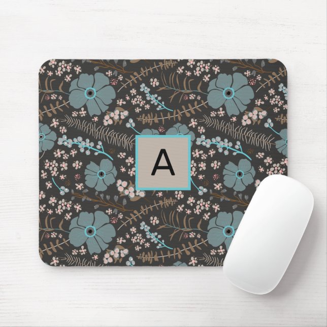 Monogrammed Pink Gray-Blue Botanical Mouse Pad (With Mouse)