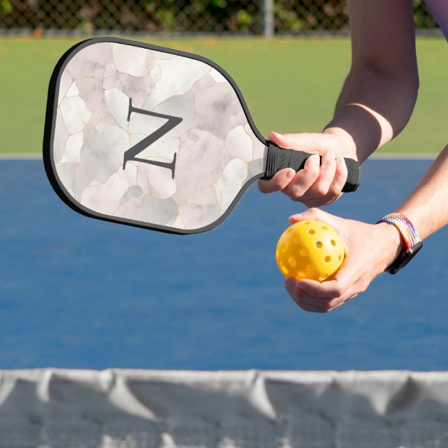 Monogrammed Pink Gray White Gold Marble Pickleball Paddle (Insitu)