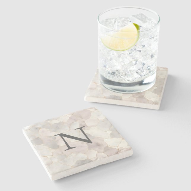 Monogrammed Pink Gray White Gold Marble Stone Coaster (Side)