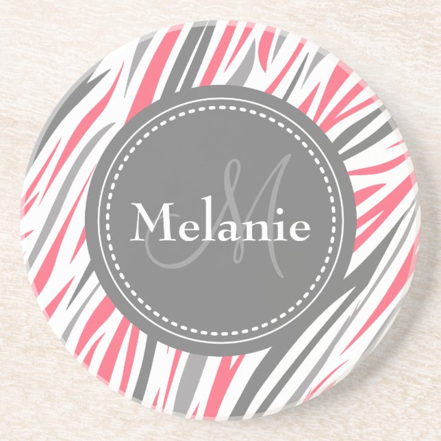 Monogrammed Pink & Gray Zebra Pattern Coaster (Front)