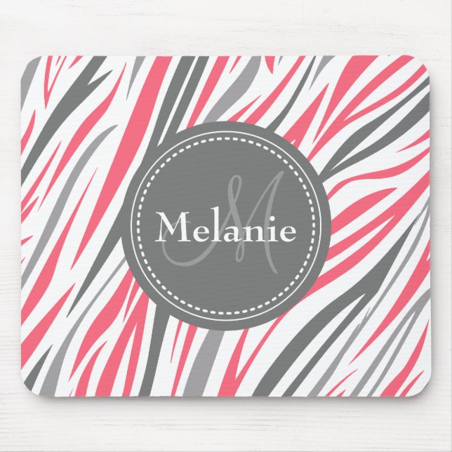 Monogrammed Pink & Gray Zebra Pattern Mouse Pad (Front)