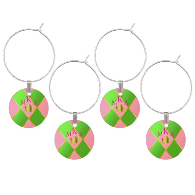 Monogrammed Pink & Green Argyle Wine Charm (Staggered)