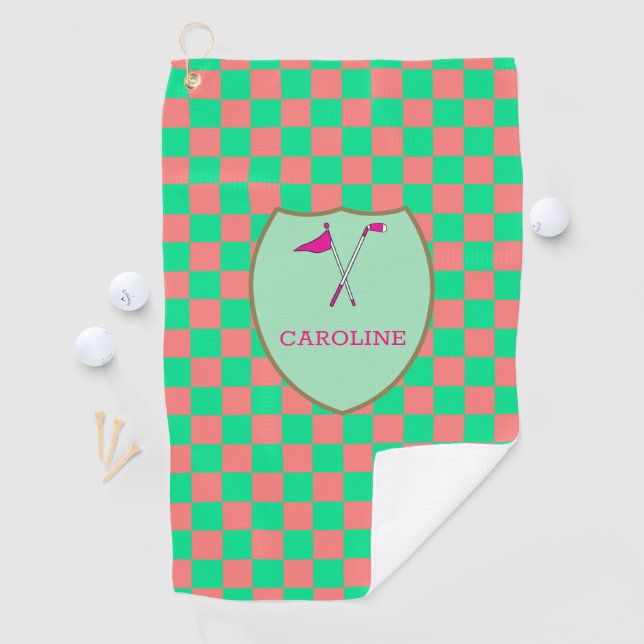 Monogrammed Pink Green Checks & golf club & flag G Golf Towel (InSitu)