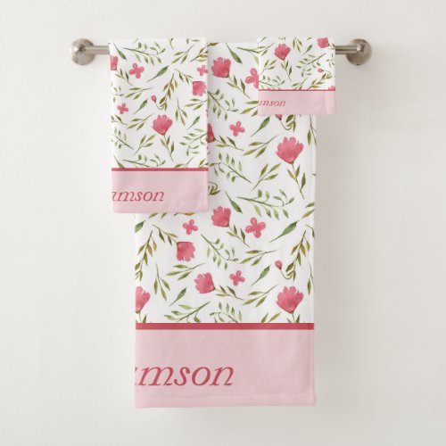Monogrammed Pink Green Floral Bath Towel Set