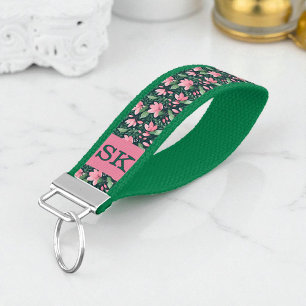 Monogrammed Pink & Green Flowers Wrist Keychain