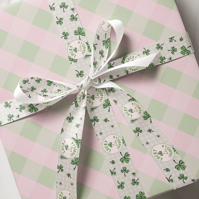 Monogrammed Pink & Green Lucky Baby Shamrocks Grosgrain Ribbon (Cute St. Patricks Day Lucky Baby Personalized Ribbon for Baby Girl in Pink. Green Shamrocks & Hearts)