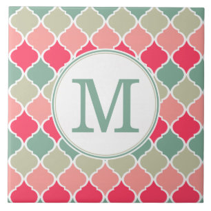 Monogrammed Pink Green Moroccan Lattice Pattern Ceramic Tile