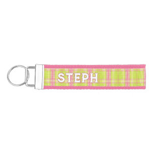 Monogrammed Pink & Green Plaid Keychain