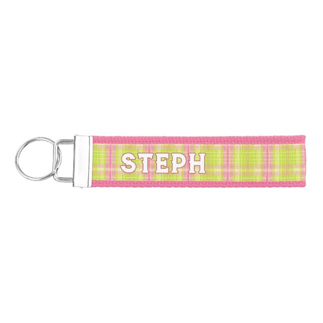 Monogrammed Pink & Green Plaid Keychain (Keys on Left)