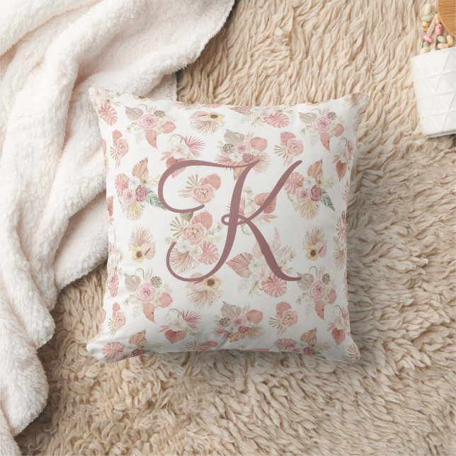 Monogrammed Pink Green Tan Floral Botanical  Throw Pillow (Blanket)