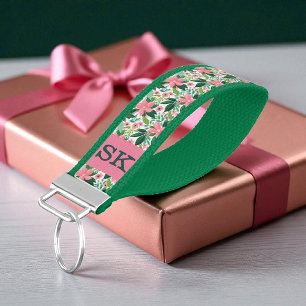 Monogrammed Pink & Green Tropical Flowers Keychain