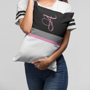 Monogrammed Pink Grey Black Striped Lumbar Pillow