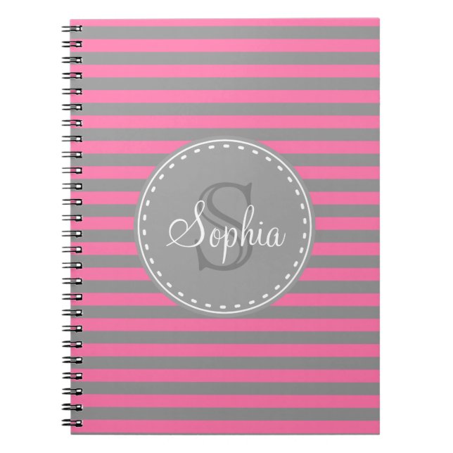 Monogrammed Pink Grey Striped Pattern Notebook (Front)