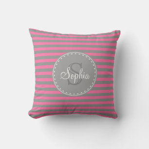 Monogrammed Pink Grey Striped Pattern Throw Pillow