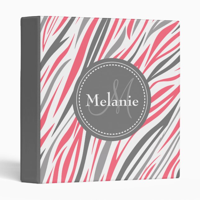 Monogrammed Pink & Grey Zebra Pattern 3 Ring Binder (Front/Spine)