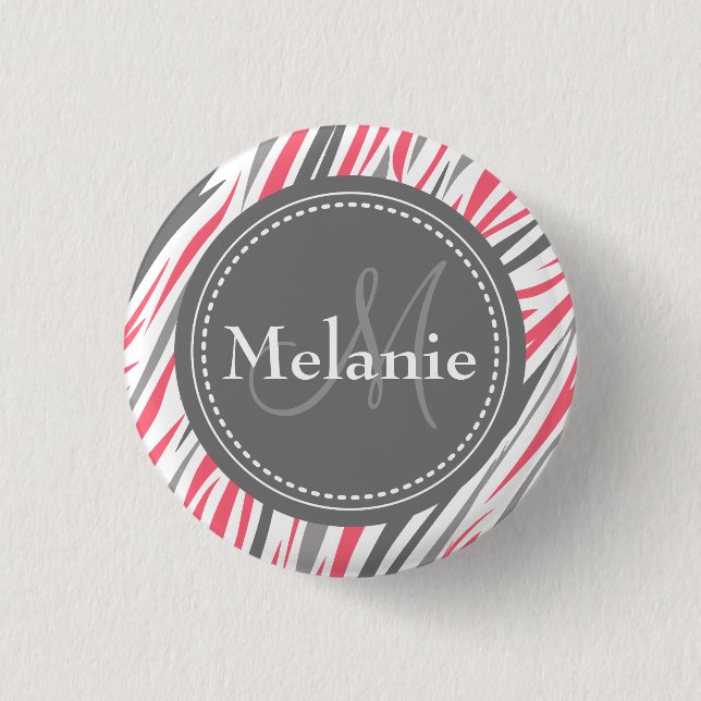 Monogrammed Pink & Grey Zebra Pattern Button (Front)