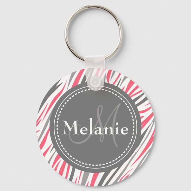Monogrammed Pink & Grey Zebra Pattern Keychain (Front)