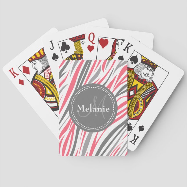 Monogrammed Pink & Grey Zebra Pattern Poker Cards (Back)