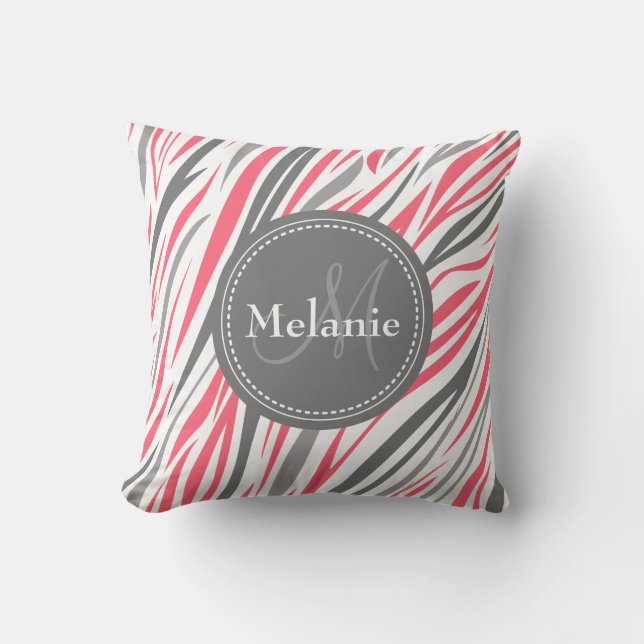 Monogrammed Pink & Grey Zebra Pattern Throw Pillow (Front)