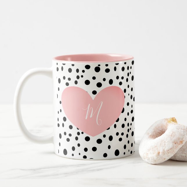 Monogrammed Pink Heart and Dots Mug (With Donut)
