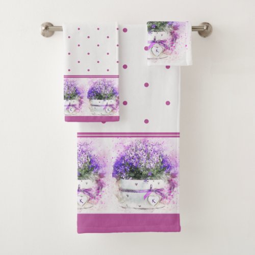 Monogrammed Pink Lavender Floral Polka dot Bath Towel Set