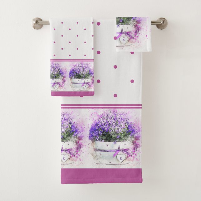 Monogrammed Pink Lavender Floral Polka dot Bath Towel Set (Insitu)