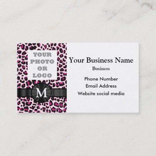 Monogrammed pink leopard print pattern and logo business card