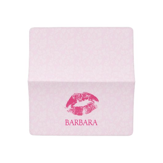 Monogrammed Pink Lips And Damask Checkbook Cover (Open)