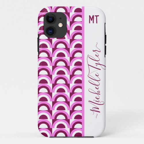 monogrammed Pink mid century psychedelic pattern iPhone 11 Case