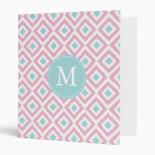 Monogrammed Pink Mint Diamond Ikat Pattern 3 Ring Binder (Front/Inside)