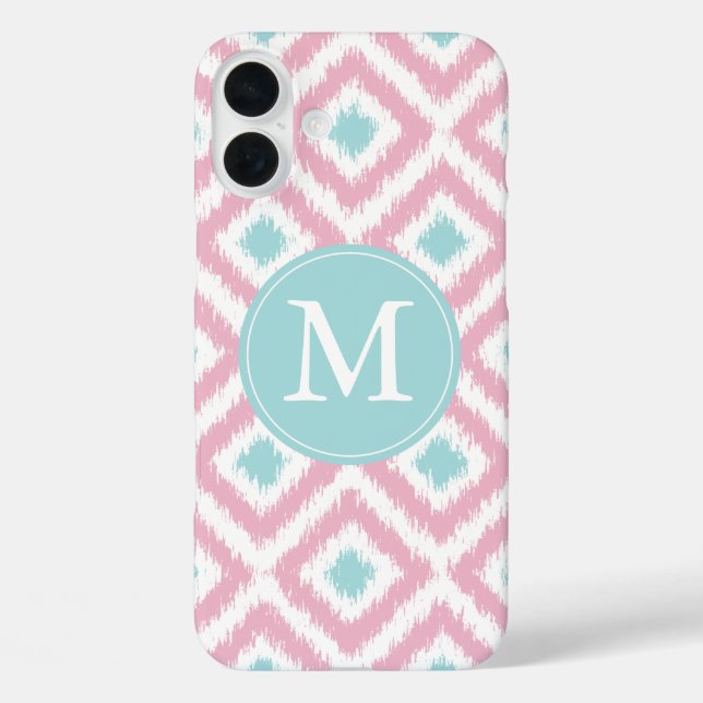 Monogrammed Pink Mint Diamond Ikat Pattern Case-Mate iPhone Case (Back)