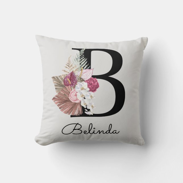 Monogrammed Pink Modern Floral Initial B Throw Pillow (Front)