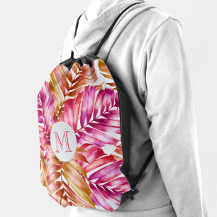 Monogrammed Pink Orange Palm Trees Drawstring Bag
