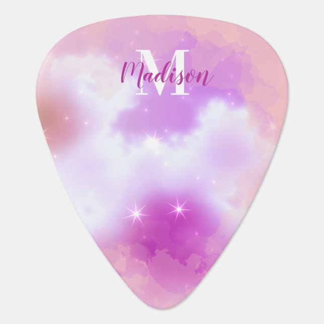 Monogrammed Pink Peach Lavender Cloud Galaxy  Guitar Pick (Front)