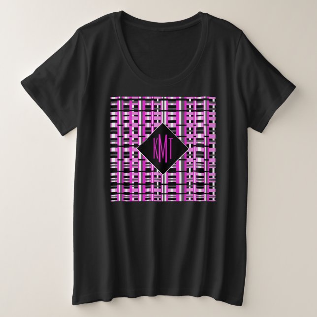 Monogrammed Pink Plaid Plus Size T-Shirt (Design Front)