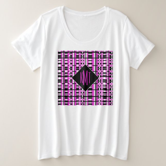 Monogrammed Pink Plaid Plus Size T-Shirt (Design Front)