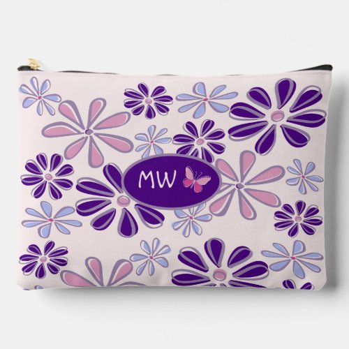 Monogrammed Pink Purple Flower Butterfly Doodle Accessory Pouch