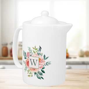 Monogrammed Pink Rose and Green Leaves Bouquet Teapot