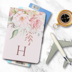 Monogrammed Pink Rose and Peony Floral Bouquet Passport Holder