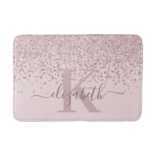 Monogrammed Pink Rose Gold Glitter Blush  Bath Mat