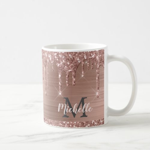 Monogrammed Pink Rose Gold Glitter Drips Coffee Mug