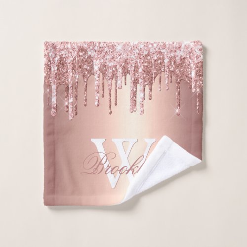 Monogrammed Pink Rose Gold Glitter Drips  Wash Cloth