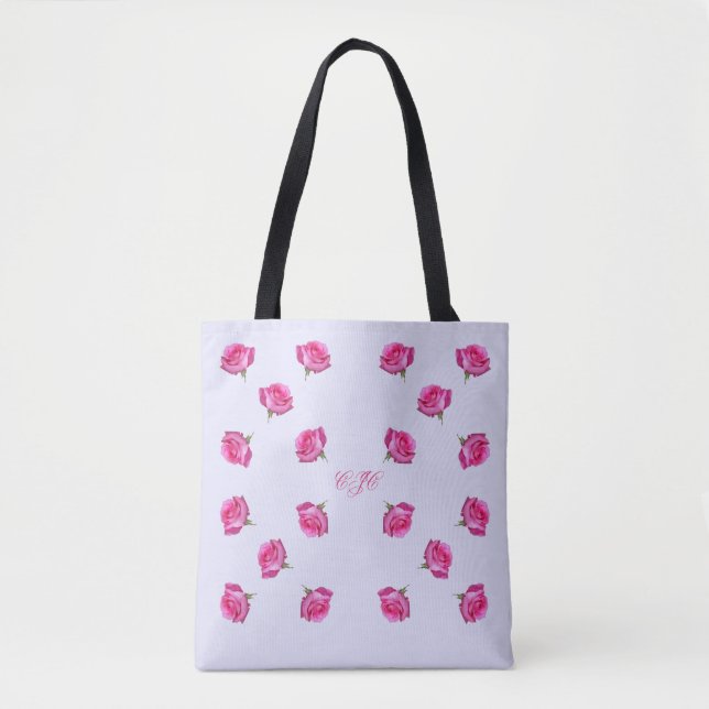 Monogrammed Pink Roses All-Over-Print Tote Bag (Front)