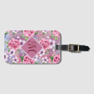 Monogrammed Pink Roses Luggage Tag