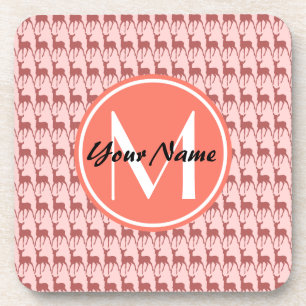 Monogrammed Pink Salmon Deer, Personalized Name Beverage Coaster