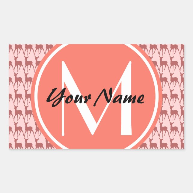 Monogrammed Pink Salmon Deer, Personalized Name Rectangular Sticker (Front)
