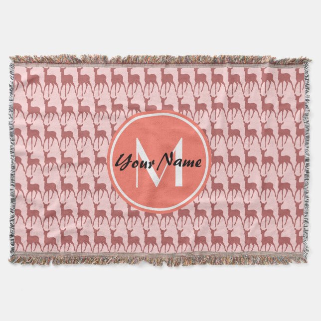 Monogrammed Pink Salmon Deer, Personalized Name Throw Blanket (Front)