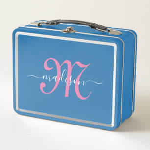 Monogrammed Pink Script Girl's Metal Lunch Box