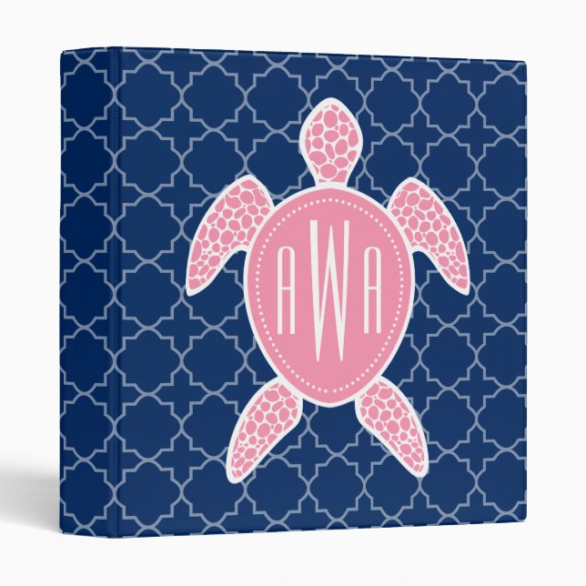 Monogrammed Pink Sea Turtle Blue Quatrefoil 3 Ring Binder (Front/Spine)