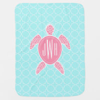 Monogrammed Pink Sea Turtle   Blue Quatrefoil Baby Blanket